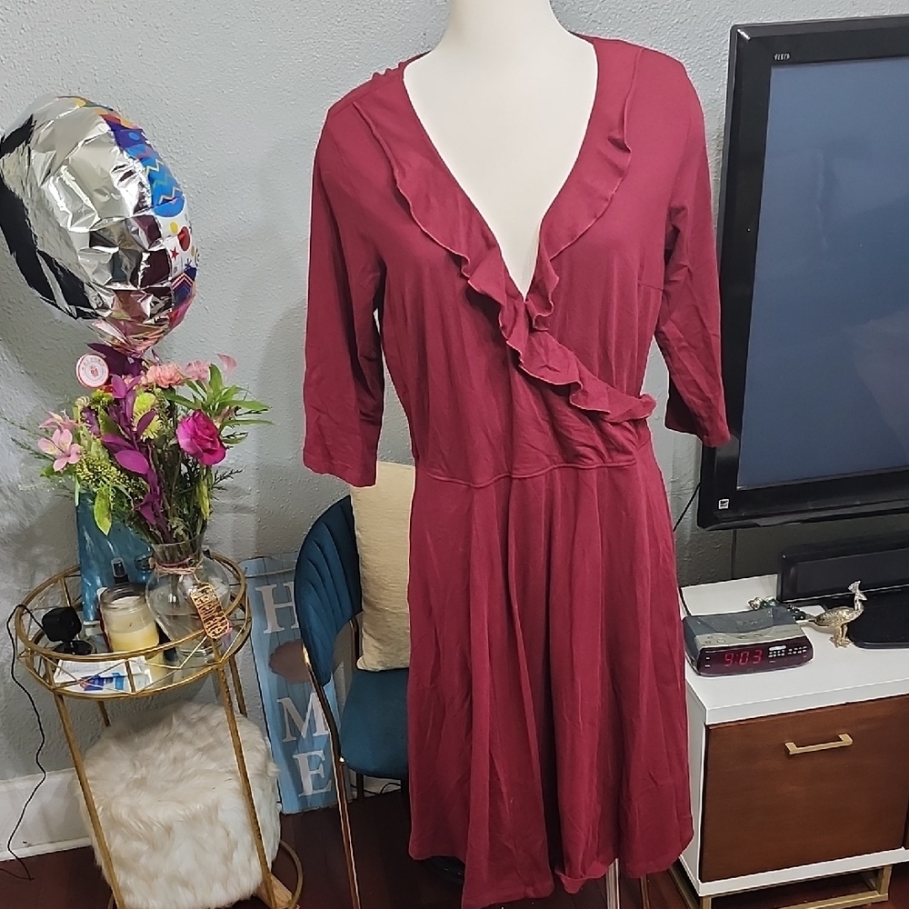 eShakti Deep Rustic Wine Dress Faux Wrap W/Ruffle